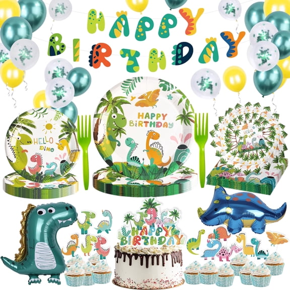 Dinosaur Birthday Decorations, Dino Party Supplies Set For 24 Guests With Plates, Cups, Napkins, Banner, Balloons and Cake Toppers