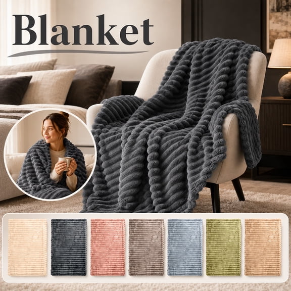 Winter Stripe Plush Fleece Blanket, Soft Warm 79X91 Inch Large Blanket for Bed and Sofa, Cozy Flannel Throw for Adults, 1 Count