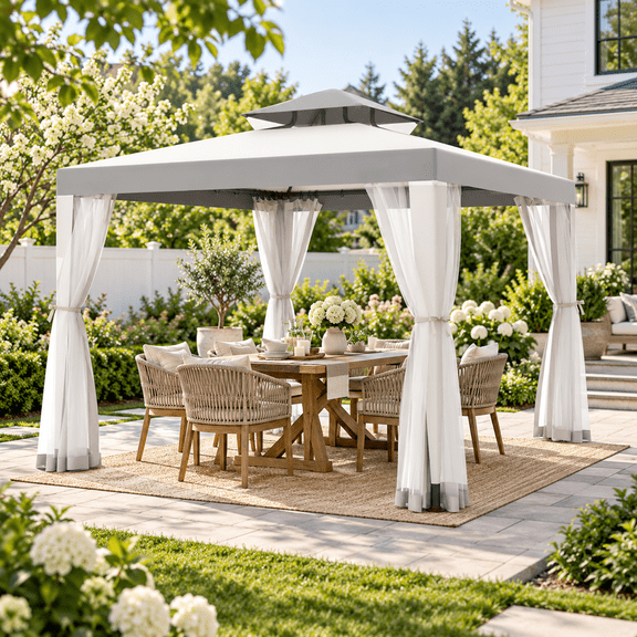 10 x 10 ft Outdoor Gazebo Tent with Mosquito Netting, Double Roof Canopy Backyard Patio Shelter, Gray