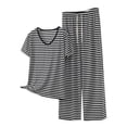 thumbnail image 3 of Bovxnpu Women 2 Piece Loungewear Set Beach Vacation Sweatsuit Tracksuit Set Fashion Short Sleeve V Neck Long Pants Striped Elastic Cotton Set Summer Outfits, 3 of 7