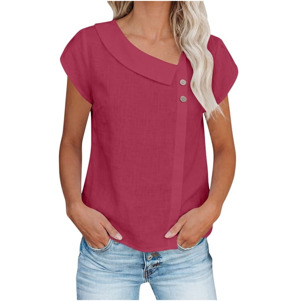 TaTaai Womens solid crew neck t-shirt, linen cotton blend, short sleeve, button cuff, cutout design, casual comfortable, lightweight, perfect for weekend trips & casual gatherings Gift
