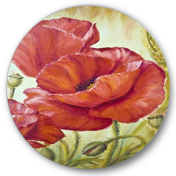 Designart 'Blossoming Red Poppies In Wheat Fields I' Traditional Circle Metal Wall Art 36x36 - Disc of 36