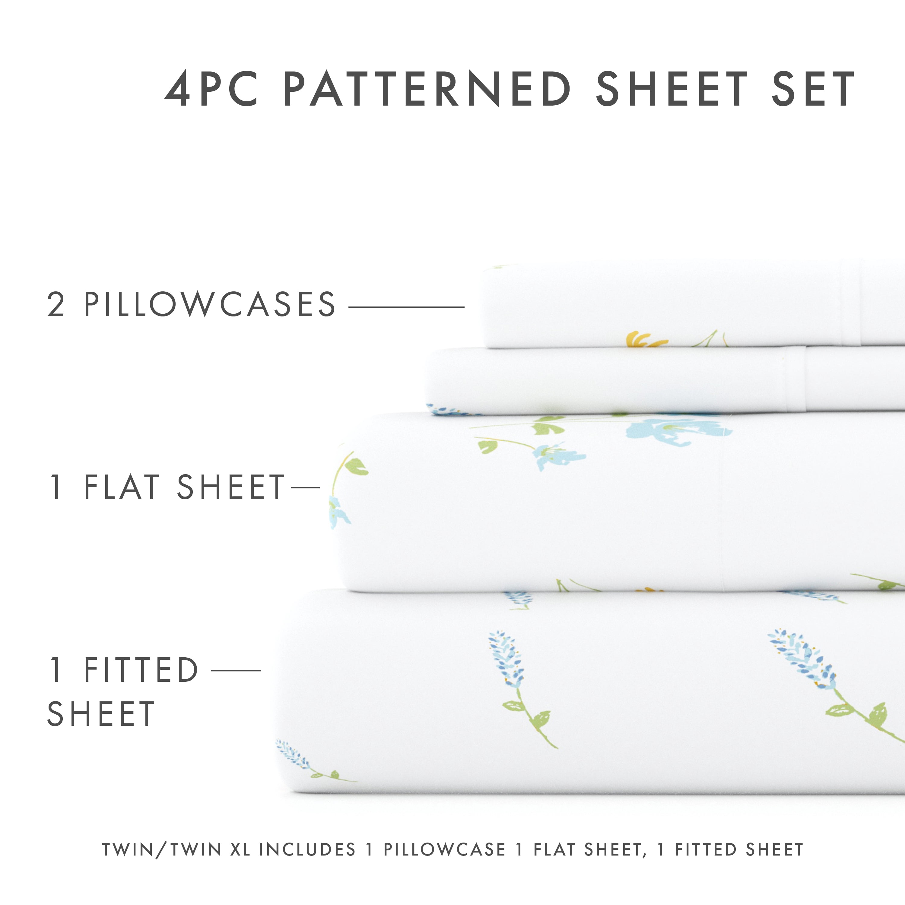 Noble Linens 4 Piece Pattern Microfiber Bed Sheets Set, Light Blue Bluebirds, California King