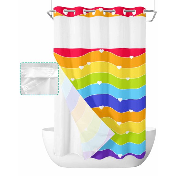 No Hook Shower Curtain with Snap in Liner, Rainbow Colored Wave Striped Love Heart Hotel Shower Curtains for Bathroom, Washable Shower Curtain Liner Set with Mesh Top Window, 54"x78"