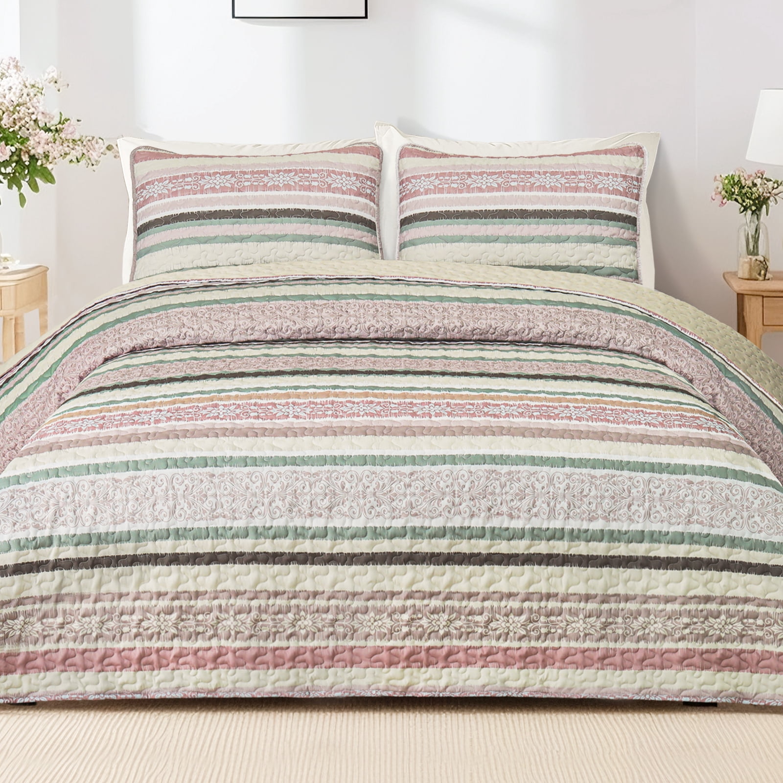 Exclusivo Mezcla Reversible Boho Quilt Set Queen Size, 3 Pieces Bohemian Striped Pink All Season Bedspreads, Ultra Soft Floral Coverlet Bedding Set with Printed Pattern (1 Quilt, 2 Pillow Shams)