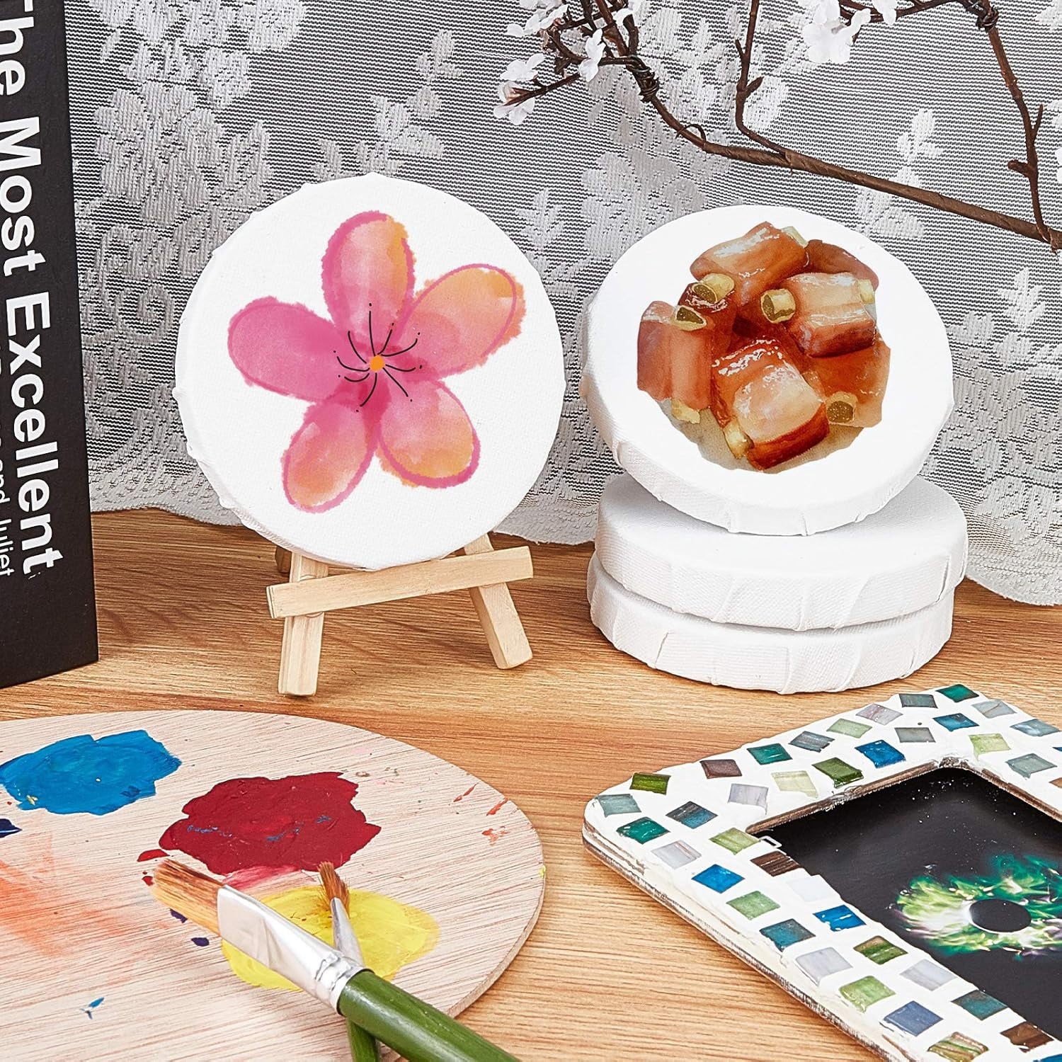 6 Packs Mini Canvas Panel 4 Inch Diameter Round Canvas Painting Sketchpad Wooden Sketchpad Drawing Board for Painting Craft Drawing diy