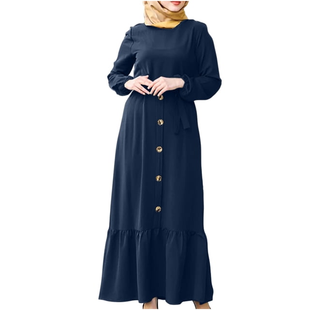 Robe à Manches Longues pour Femmes Ample Décontractée à Boutons Évasée Plissée à Volants Longue Maxi Élégante Confortable