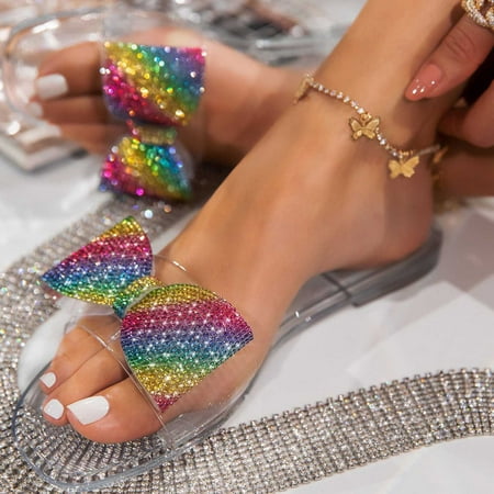 

Womens Sandals Gnobogi Women s Summer Fashion Comfortable Rhinestone Sandals Beach Flat Slippers Vintage Boho Sandals Clear