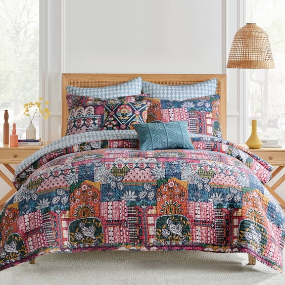 Levtex Home - Roshita Quilt Set - Full/Queen Quilt (88x92in.) and 2 Standard Shamx (20x26in) - Boho Patchwork Design - Multicolor - Reversible - Cotton