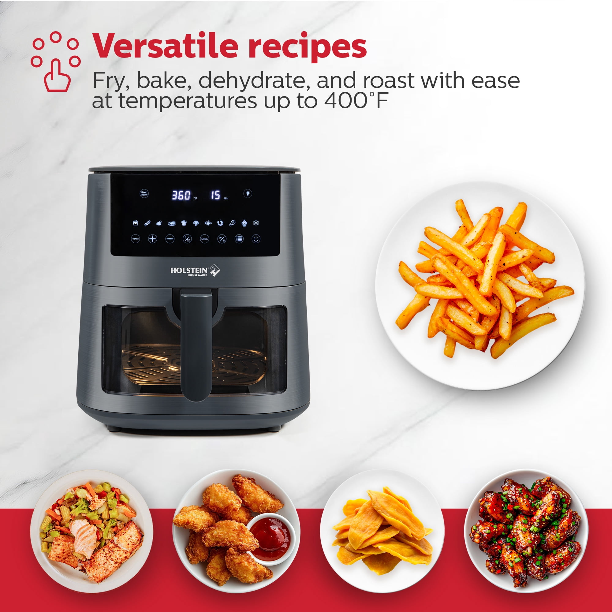 Holstein Housewares 7.6QT Digital Air Fryer with viewing window and led display with 7 preset options. Fry, bake, grill, dehydrate, and roast healthier recipes. Dishwasher Safe