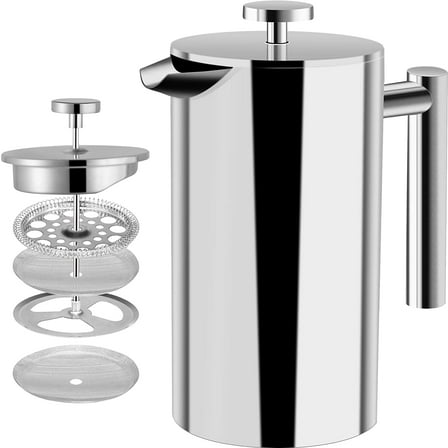 Large French Press Coffee Maker - Double Wall 304 Stainless Steel - 4 Level Filtration System