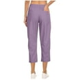 thumbnail image 4 of Lovskoo Capri Pants for Women Linen Summer Solid Color Casual Loose Pockest Elastic Waist Trousers Capris Purple, 4 of 7