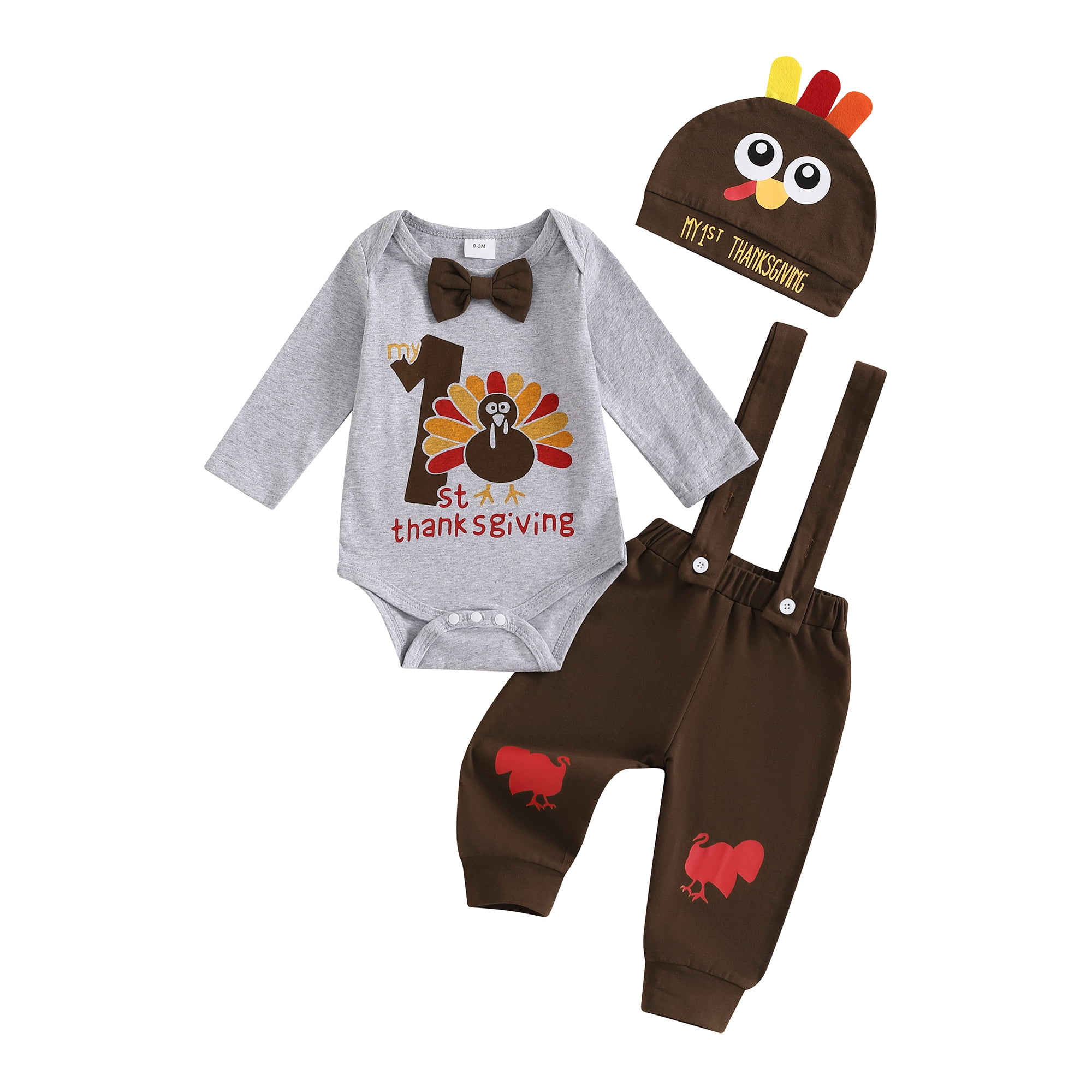 Gupgi Baby Boy Thanksgiving Outfit Newborn Long Sleeve Turkey Romper Suspender Pants Hat Infant 3 Piece Fall Set Walmart