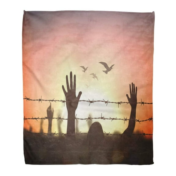 SIDONKU Throw Blanket 50x60 Inches International Human Right Day Silhouette Refugee Hands Raising and Barbed Wire Warm Flannel Soft Blanket for Couch Sofa Bed