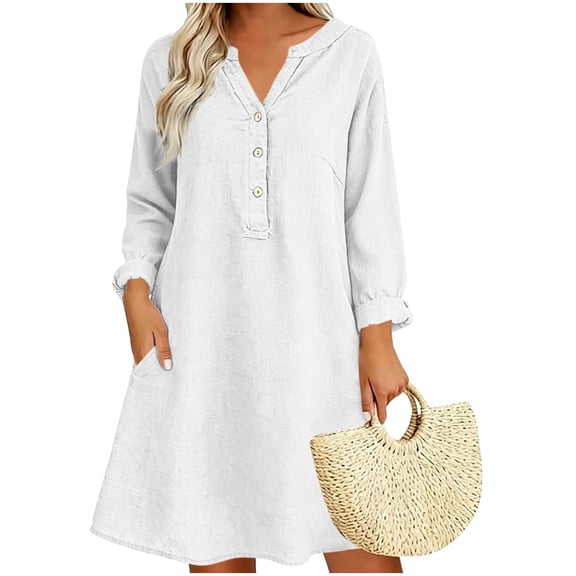 Lmueinov Summer Dresses for Women Flowy Casual Cotton Linen A-Line Midi Dress with Pockets Fall Vacation Button Front Long Sleeve Tunic Shirt Dress
