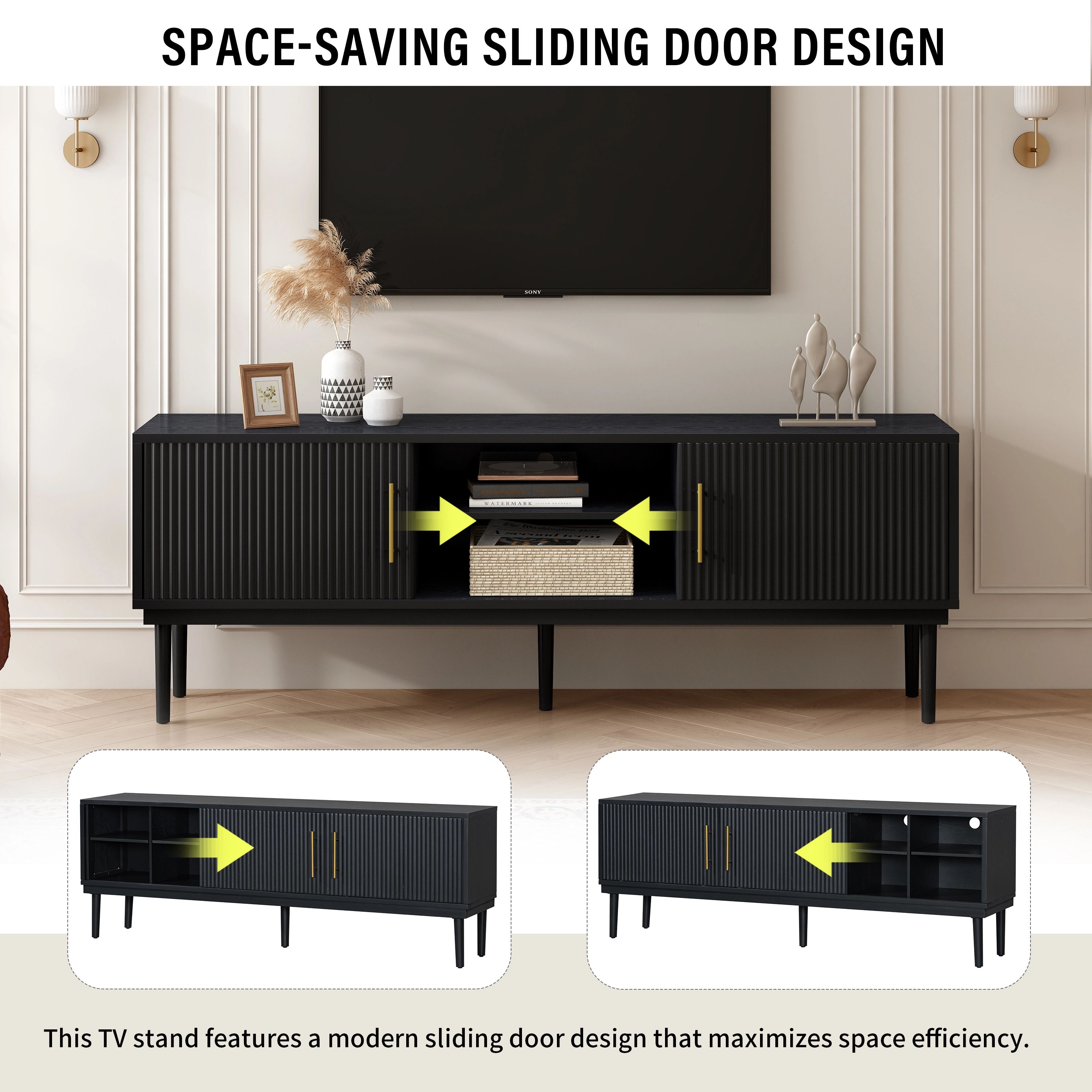Euroco 74.9" TV Stand with Sliding Doors and 2 Storage Cabinets,Modern Entertainment Center & Media Console for TVs up to 80",Versatile for Any Decor Style,Black