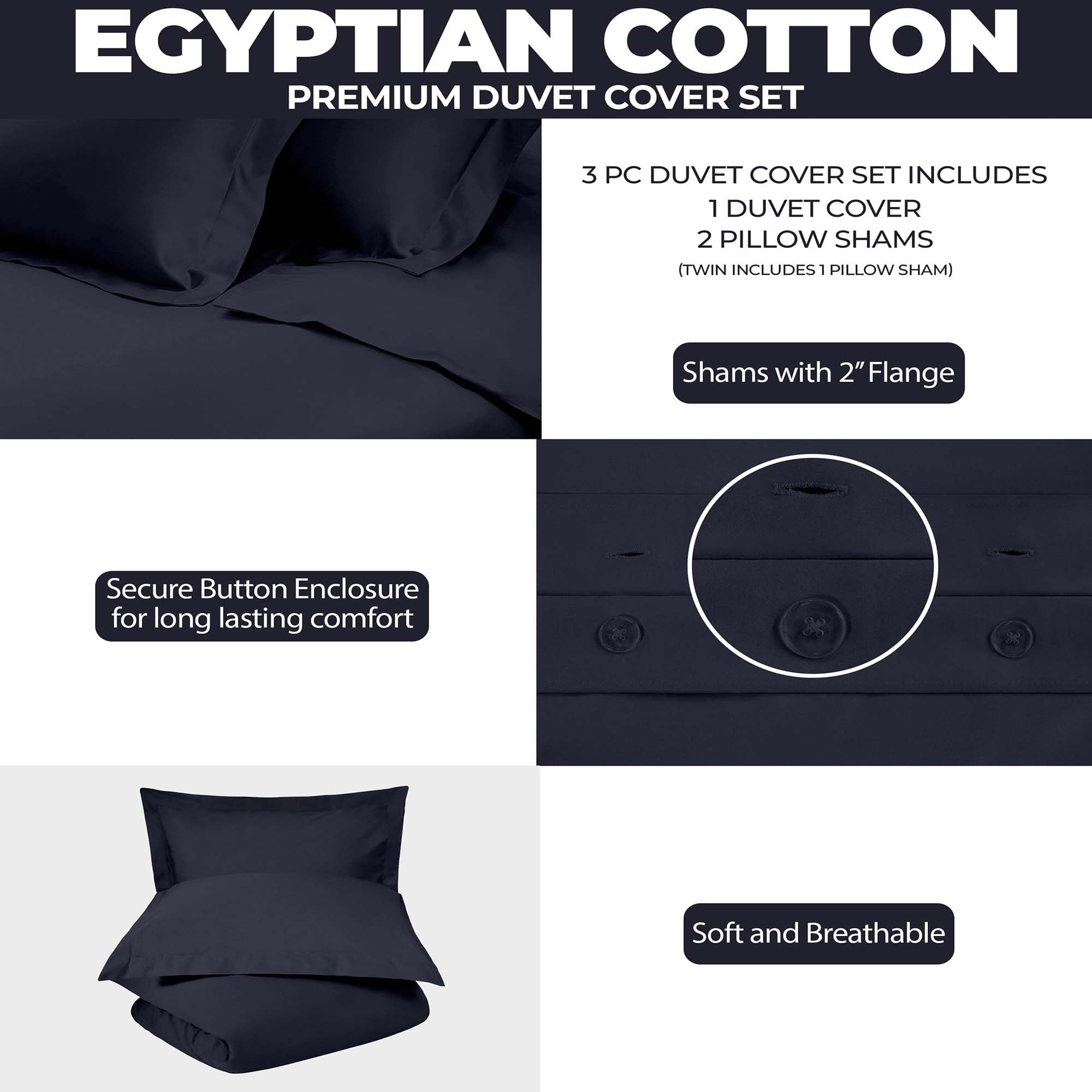 Superior Egyptian Cotton 300 Thread Count Duvet Cover Set, Full/Queen, Navy Blue