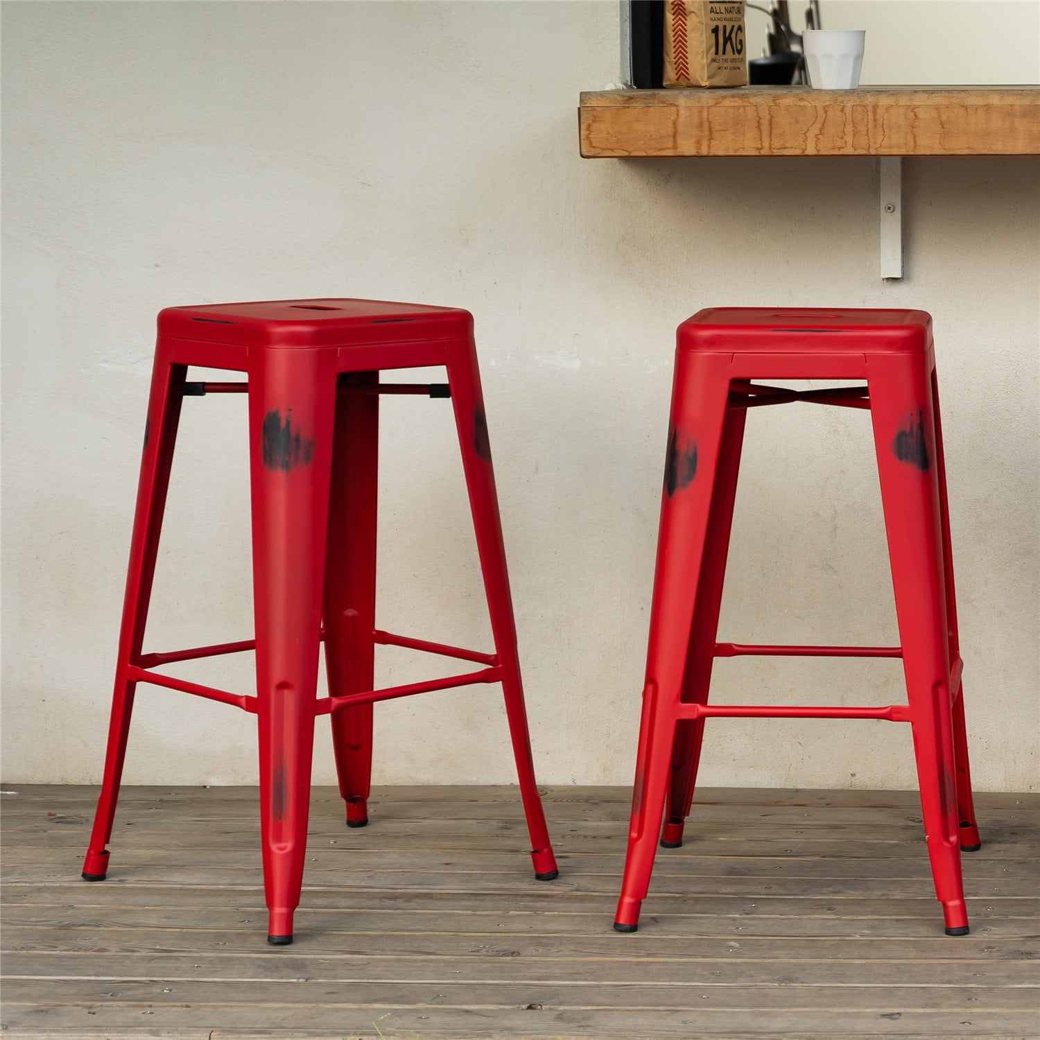 Homy Casa 29" Stackable Metal Bar Stools Set of 2, Backless Style, Red