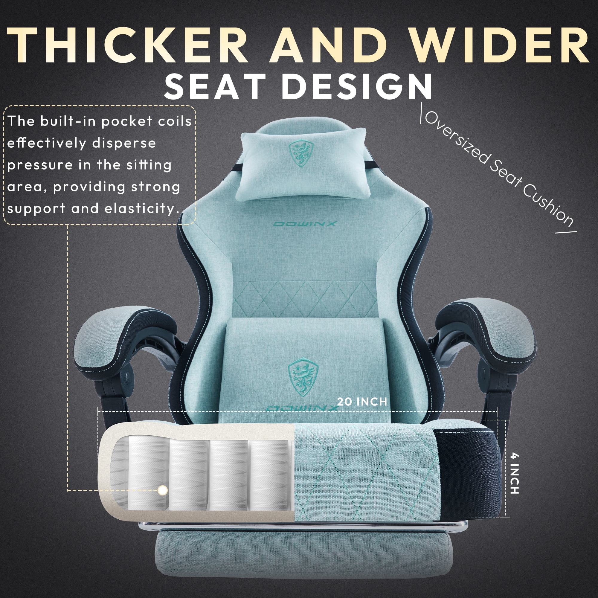 Dowinx Fabric Gaming Chair with Massage Lumbar Support, High Back Ergonomic Computer Chair with Footrest for Adult, Aqua