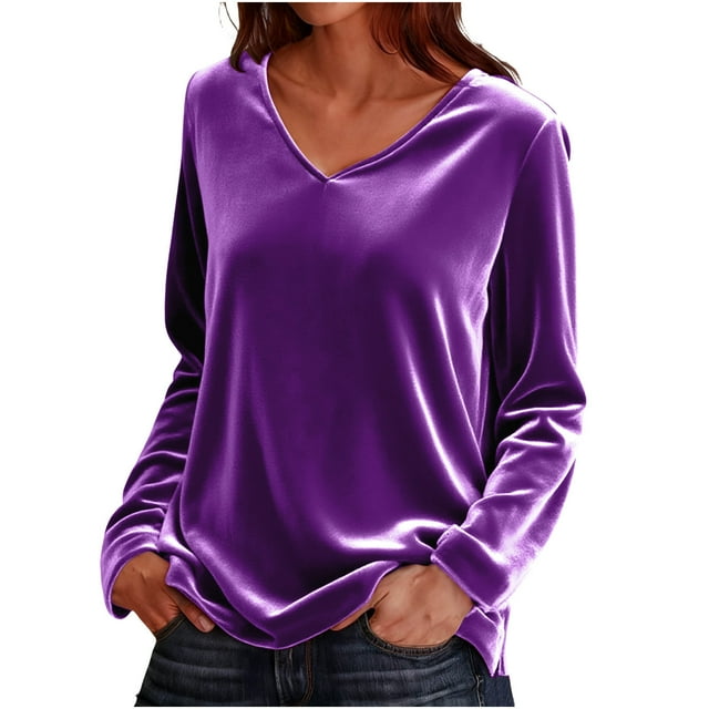 HongQid Womens Velvet Holiday Tops Party Blouse Long Sleeve V-Neck Spring Fall Winter Shirts Loose Fit