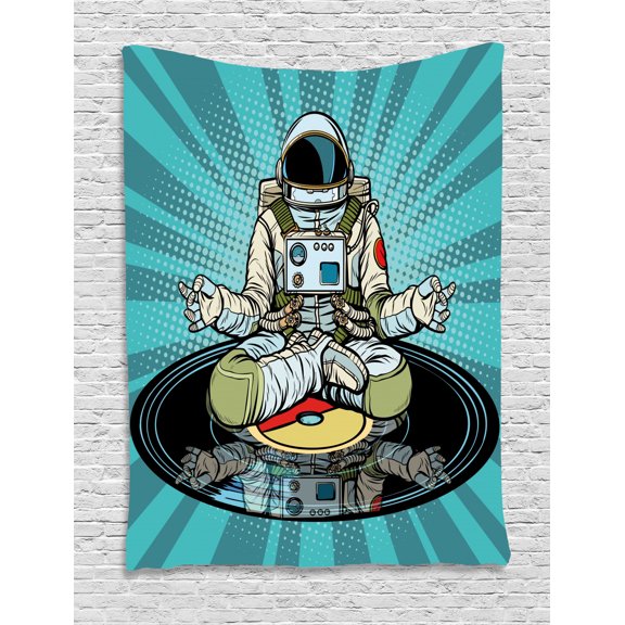 Astronaut Tapestry, Pattern of a Cosmonaut Doing Yoga with a Sunburst Effect on the Back, Wall Hanging for Bedroom Living Room Dorm Decor, 60W X 80L Inches, Turquoise Multicolor, by Ambesonne