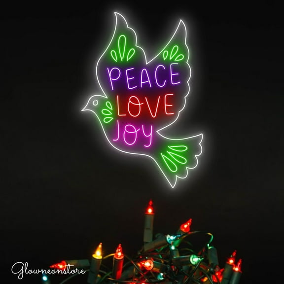 Glowneon Peace Love Joy Neon Sign, Peace Love Joy LED Sign, Dove Birds Neon Light