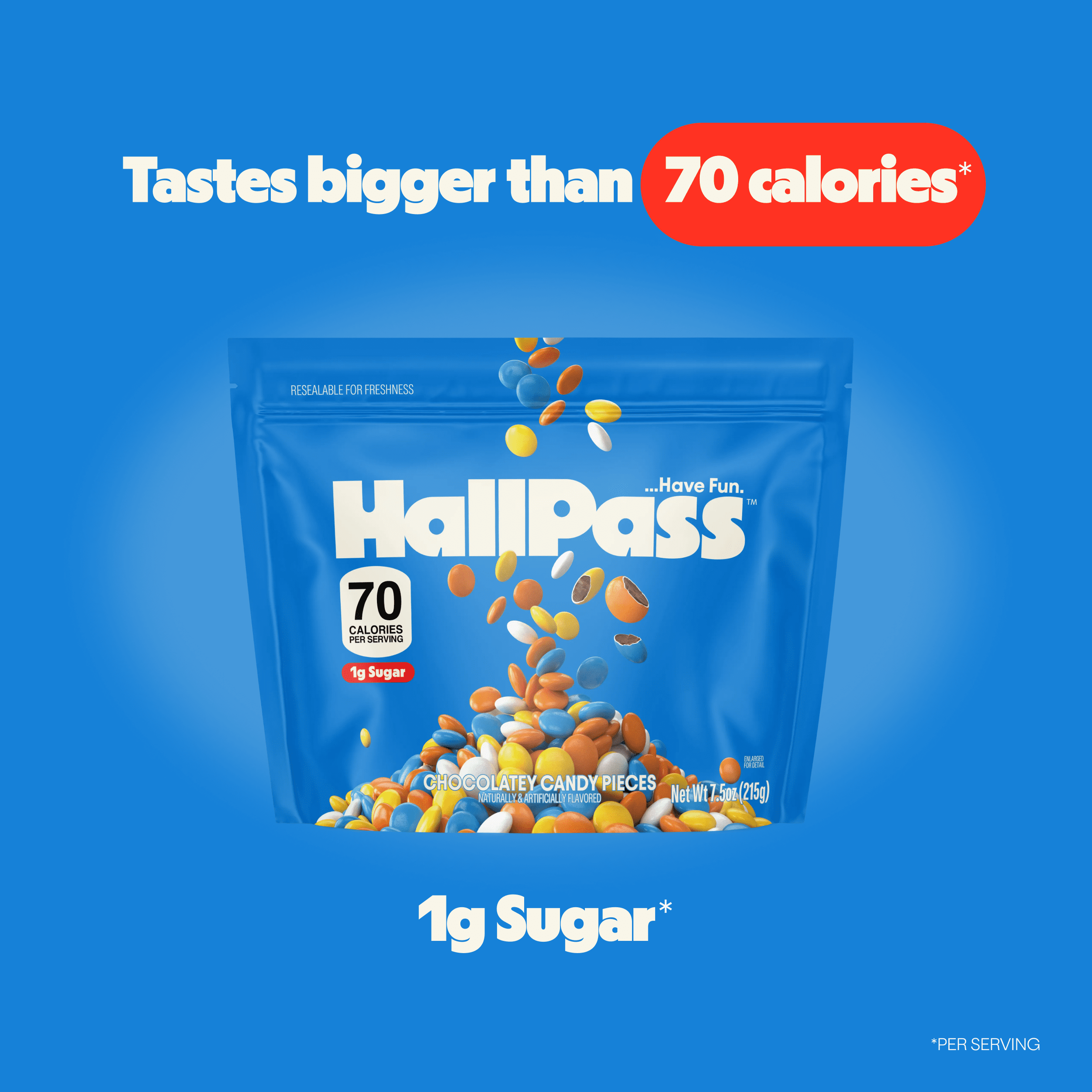 HallPass Chocolatey Candy Pieces Sharing Size, 7.5 oz – Bite-Sized Chocolatey Candy, 70 Calories and 1g Sugar per Serving