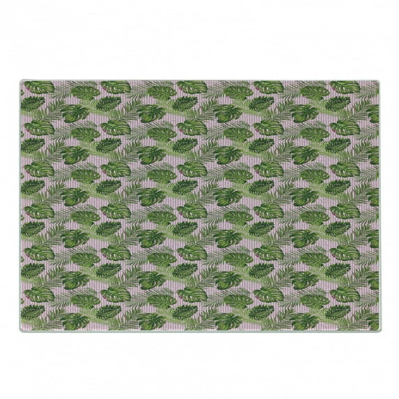 Tropical Cutting Board, Monstera and Palm Leaves on Vertical Pink Stripes Exotic Botany, Decorative Tempered Glass Cutting and Serving Board, in 3 Sizes, by Ambesonne