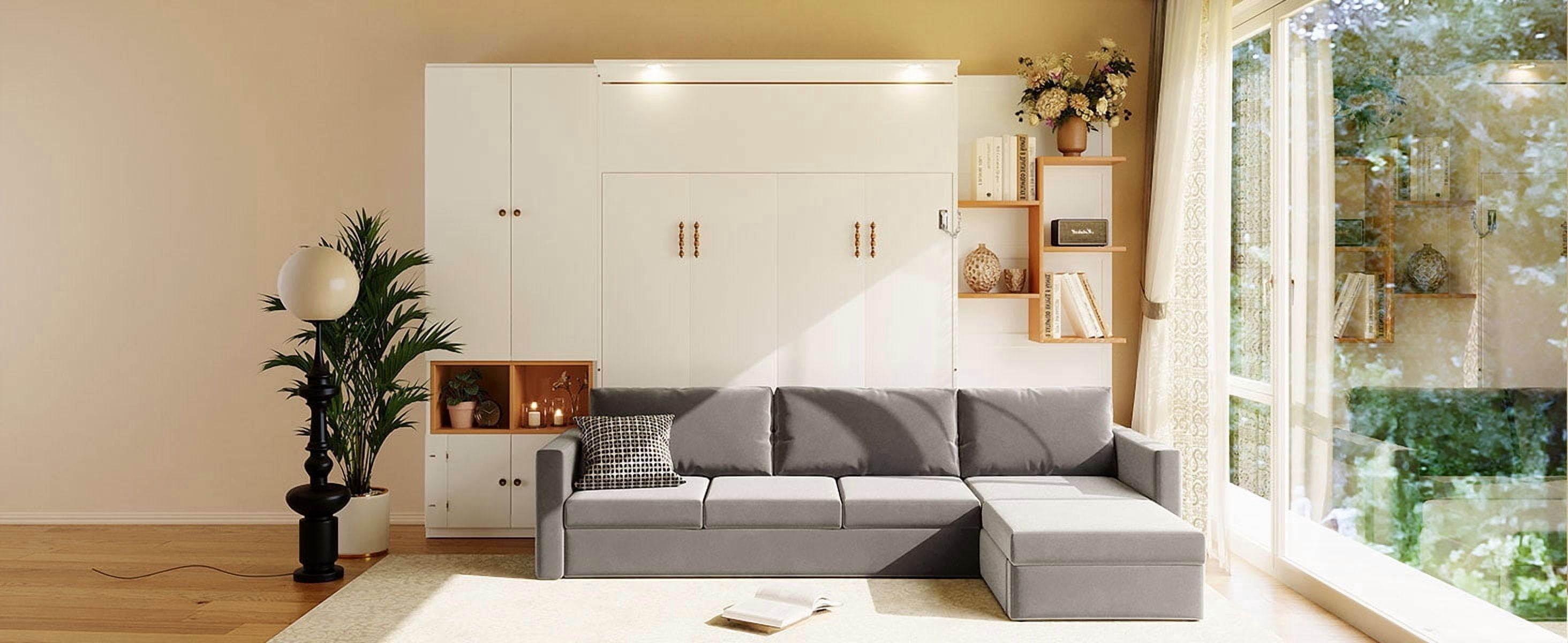 Mintazer Queen Size Murphy Bed with L-Shaped Sofa & Storage, Modern Folding Wall Bed with Lights & Cabinets for Home Office, White & Gray