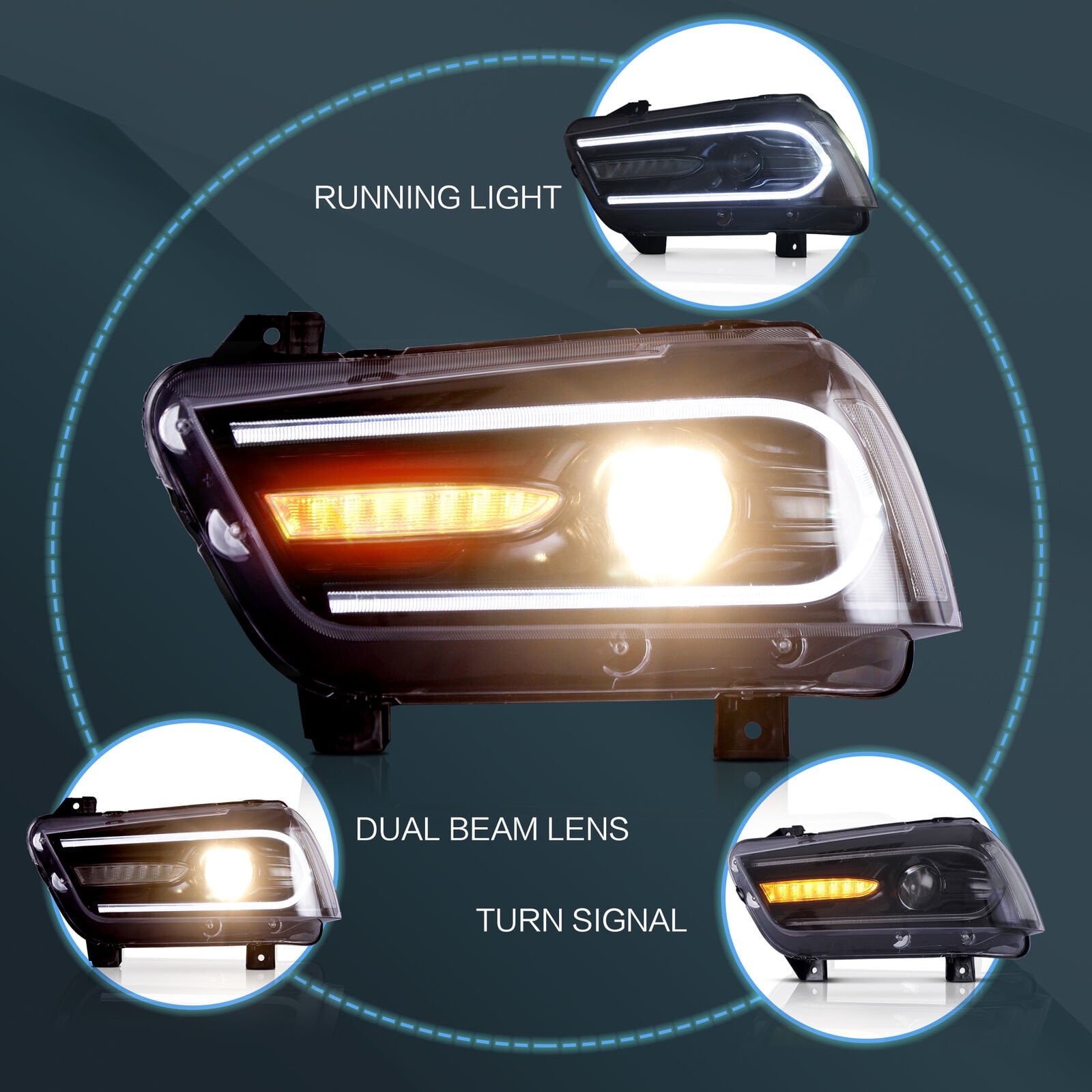 VLAND for Dodge Charger 2011 2012 2013 2014 Dual Beam Projector Headlights Replacement Assembly (Bulbs Included)