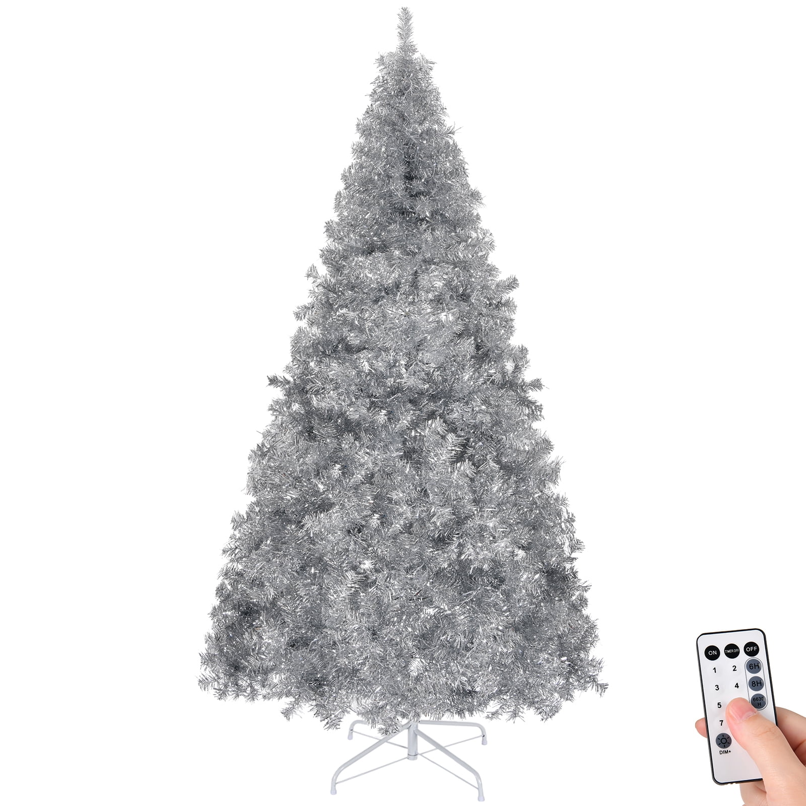 6 FT Pre-lit Artificial Christmas Tree, Hinged Xmas Pine Tree with 900 Branch Tips, 300 Lights and Remote Control for Holiday Party Office Home, Silver