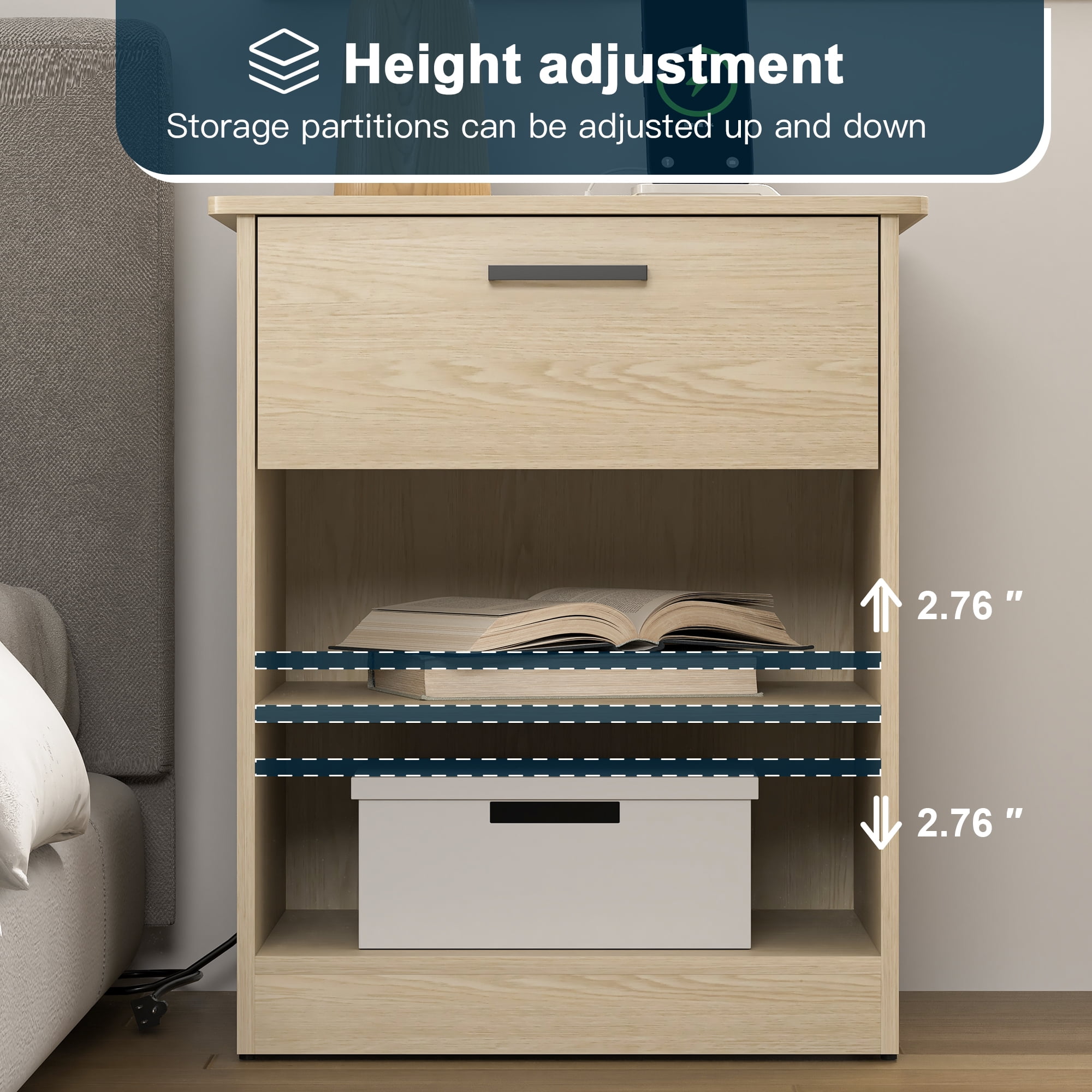 Demi Bonn 18.9" Side Table with Fast Charging Station USB C Cable Fast Charging, Wood End Table Nightstand with Drawer and Shelf for Living Room, Beige