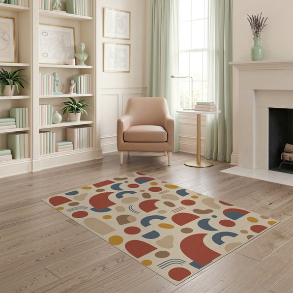 ODIKA 4'x6' Beige Multicolor Geometric Abstract Washable Area Rug Contemporary Mid Century Scattered Shapes Arches Circles Forms for Dorm Room, Small Living Stain Resistant Low Profile, Easy Care