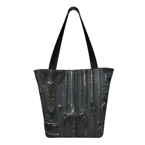Uemuo Fantasy Medieval Weaponry Print Tote Bags for Women,Large Capacity Corduroy Bag,Reusable Grocery Shoulder Bag,Beach Tote with Zipper Closure, Daily Essentials
