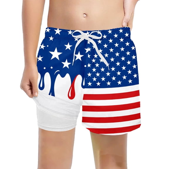 EliteGoogv Boys 4th of July Swim Trunks Relax Fit Patriotic Ice Print Swim Shorts Swim Bottom Summer Beachwear Kids Outfit 250th Independence Day 11-12 Years