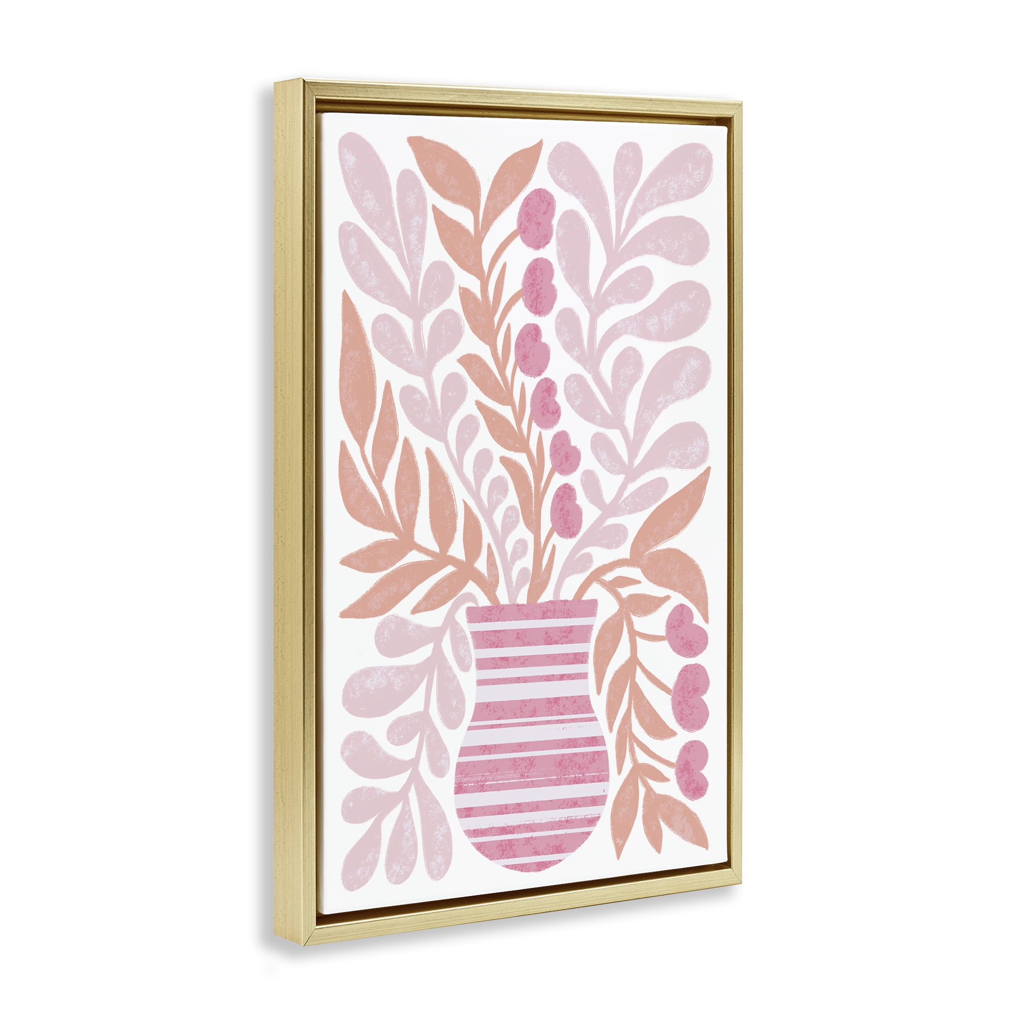 Stupell Industries Pink Fronds Vase Plants & Flowers Painting Gold Floater Framed Canvas Art Print Wall Art, 21 x 31