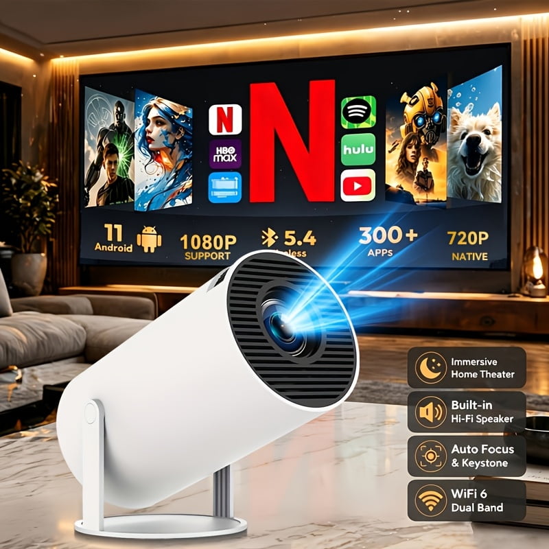Smart Home Portable Projector, Native 720P, 1080P Supported, Android System, Fast Wireless Connection, Lightweight Design for Indoor Home Theater Use