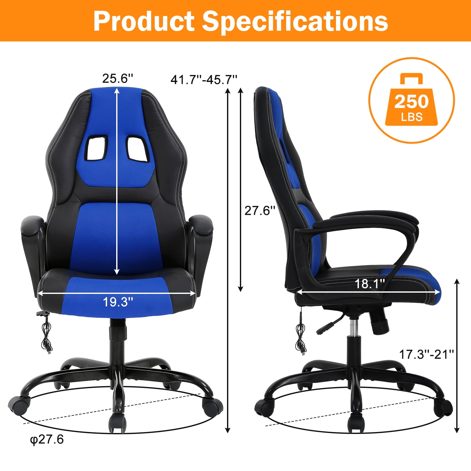 Massage Gaming Chair, High Back Office Chair Adjustable Gamer Chair Ergonomic Computer Chair with Lumbar Support Task Rolling Swivel Chair Game Chair for Adult &Teen(Blue)