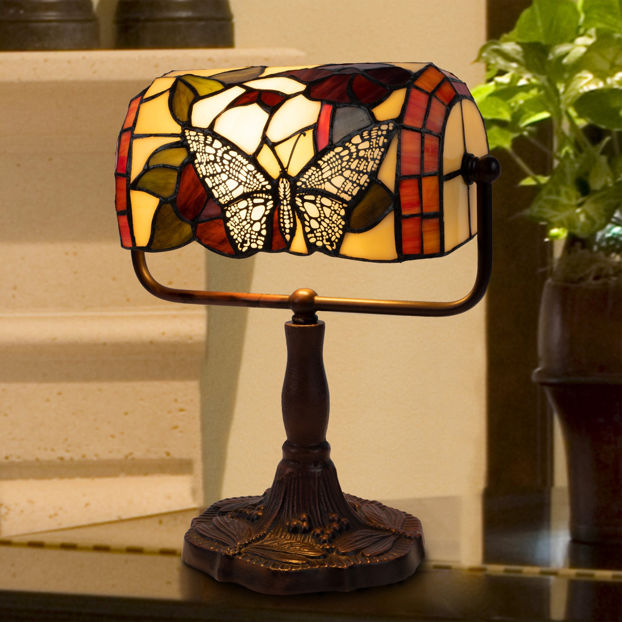 Tiffany Style Bankers Lamp-Stained Glass Butterfly Design Table or 