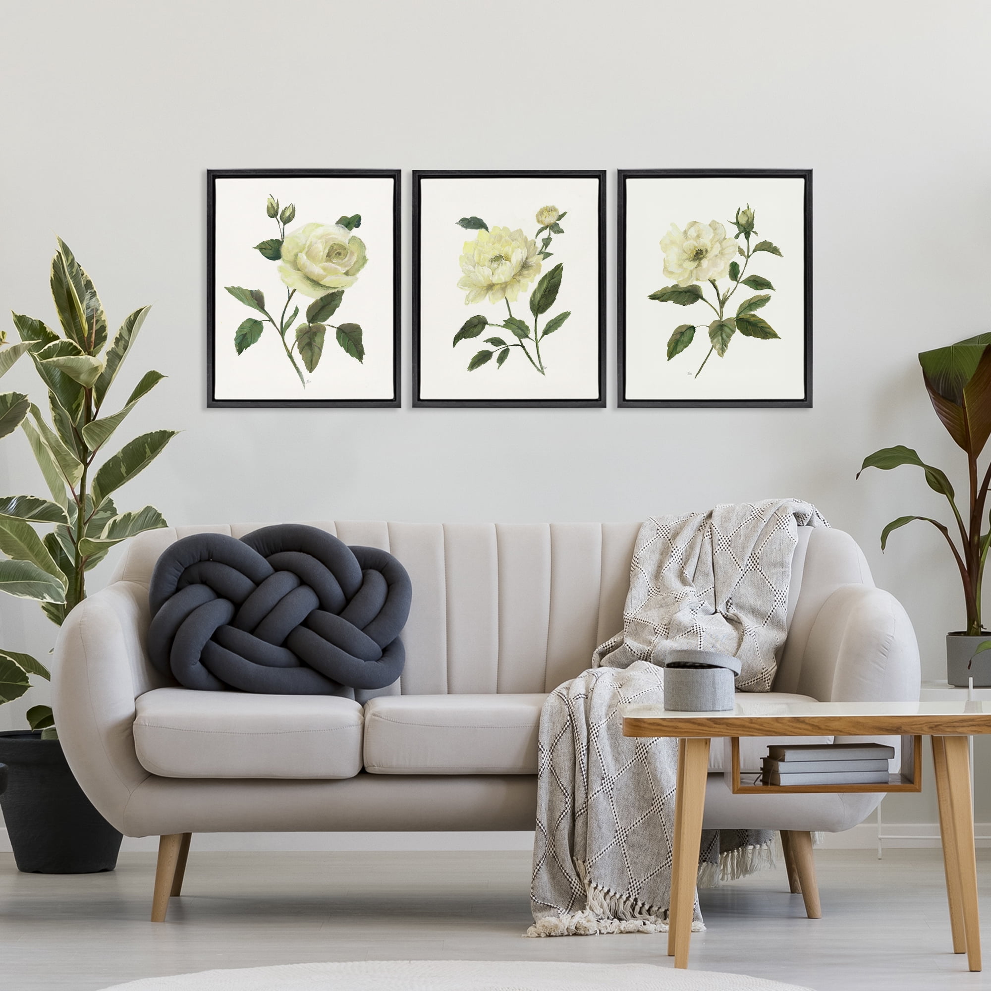 Stupell Industries Ivory Budding Garden Flowers 3 Piece Black Framed Floater Canvas Set, design by Nan