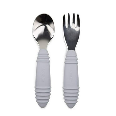 Bumkins Toddler Fork and Spoon Set, Stainless Steel & Silicone for 18 Mos  (Gray)