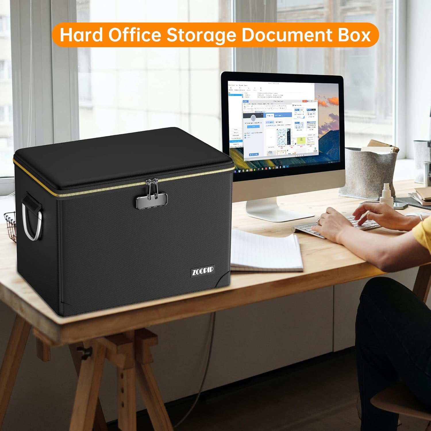 Fireproof Document Box Hard  File Organizer with Lock Portable Office Safe Storage for Valuables Black