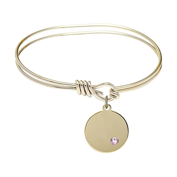 5 3/4 inch Oval Eye Hook Bangle Bracelet w/ Plain Disc medal charm w/ Light Purple Swarovski Crystal