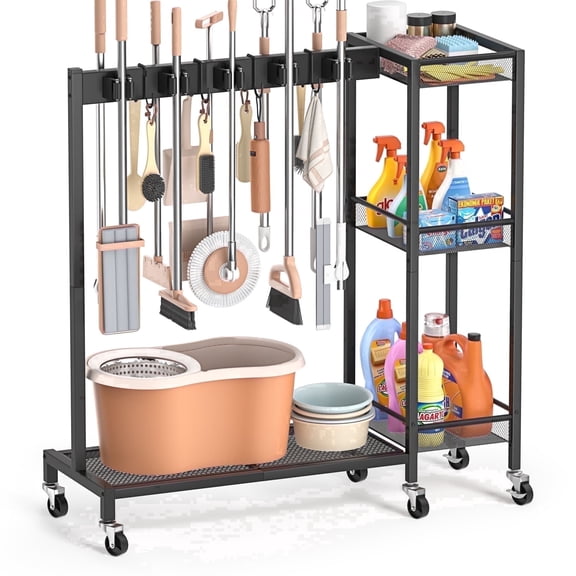 Olakee Broom Holder & Cleaning Supplies Organizer Housekeeping Cart, Moveable, Metal, Black