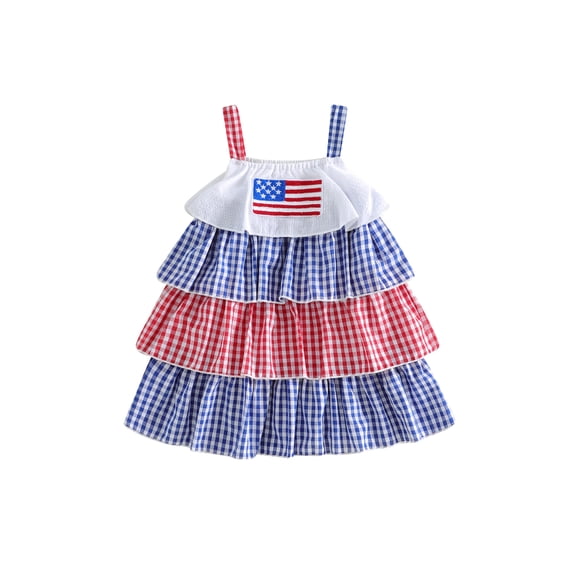 BemeyourBBs Toddler Baby Girl 4th of July Dress Little Baby Girl Patriot Independence Day Summer Dress Casual Red White Blue Plaid I Love USA Tiered Dress Beach Party Holiday Derss Clothes