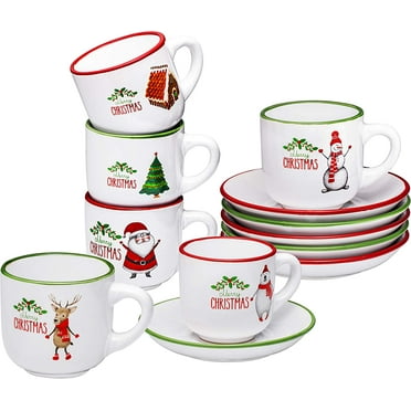 Espresso Cups with Saucers by Bruntmor - 4 ounce - Set of 6, Christmas Theme