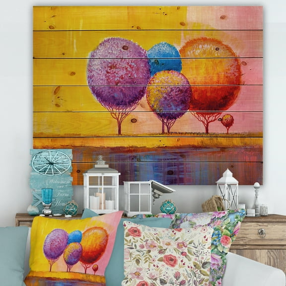 Designart 'Autumn Colorful Fantasy Trees I' Modern Print on Natural Pine Wood