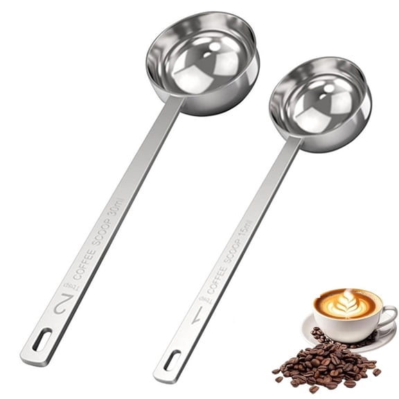 Bxaolu 2Pcs Coffee Scoop Spoon - 1 & 2 Tbsp Tablespoon 15/30ML 304 Stainless Steel Long Handle Measuring Spoons for Ground Coffee, Loose Tea and Powder, Silver