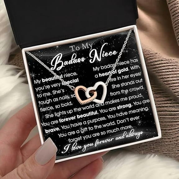 Necklace Gifts For Badass Niece On Christmas With Message Card and Gift Box, To My Badass Niece Necklace From Aunt, Birthday Gift for Badass Niece from Aunt, Interlocking Heart Necklace For Women