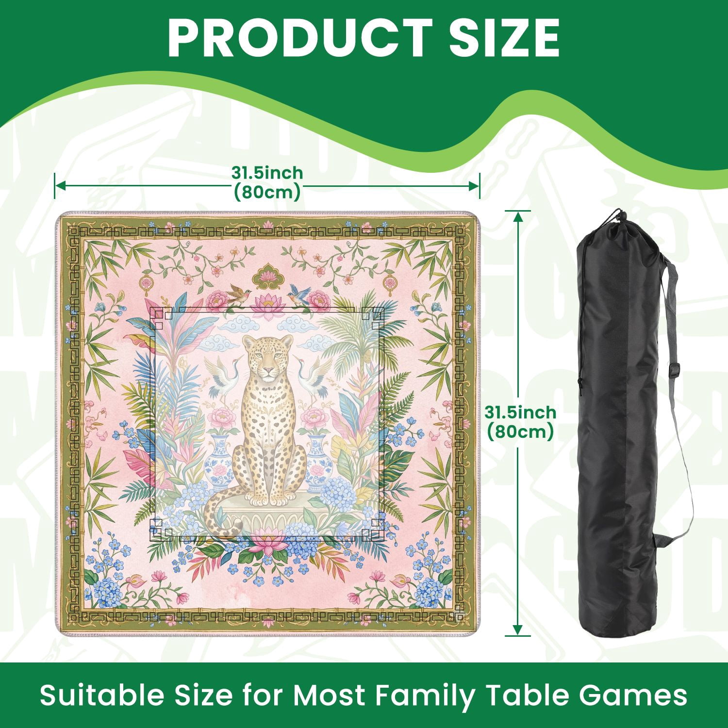 Mahjong Mat 31.5" x 31.5" Ornate Leopard Tropical Foliage Cranes Birds Floral Pink Green Non-Slip Noise Reduction American Mahjong Tiles Table Cover for Dominoes Poker Card Board Games Gift